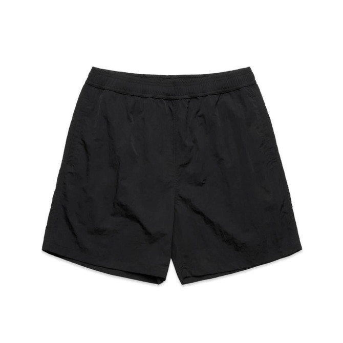 Black swim shorts with an elastic waistband, featuring a simple design and a logo. Suitable for various water activities.