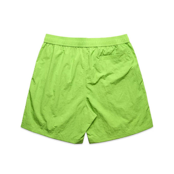 Lime green swim shorts with an elastic waistband and a back pocket, featuring a logo.