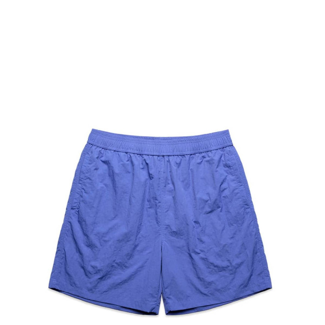 Swim shorts in a solid light blue shade with elastic waistband and a logo. Suitable for various casual activities.