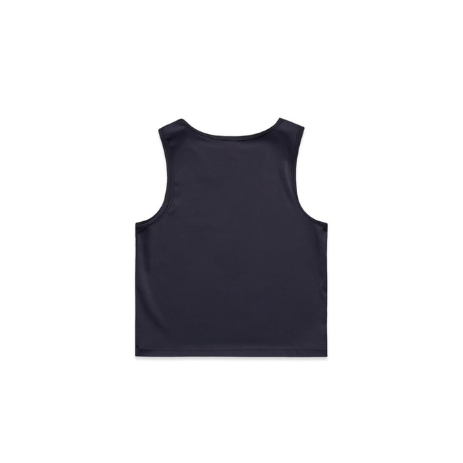 A dark navy crop tank top with a sleeveless design and a plain back. The top features a logo.