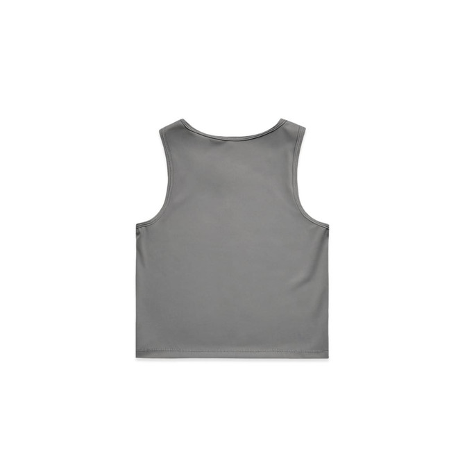 A grey active crop tank top with a simple design, featuring a logo on the back.