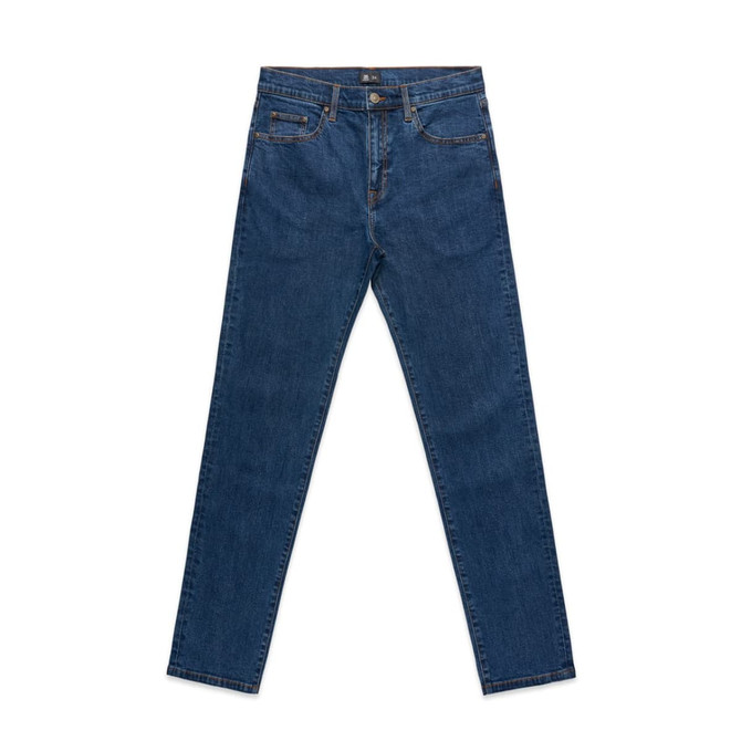 A pair of blue denim jeans with a straight leg design, featuring pockets and a logo.