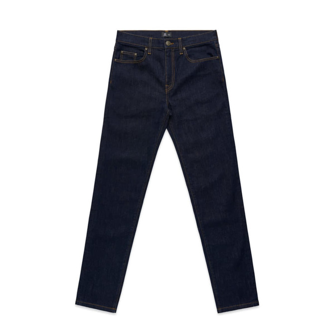 Dark denim jeans featuring a classic five-pocket design and a branded logo on the waistband.