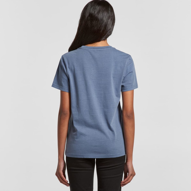 A blue t-shirt with a plain back view, featuring short sleeves and a crew neck design.