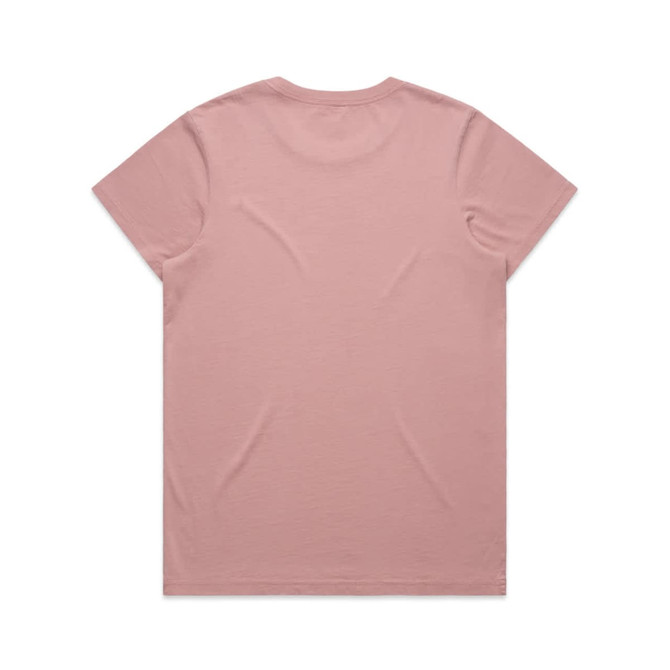 A pink t-shirt with a simple design and a subtle texture, featuring a logo on the back.