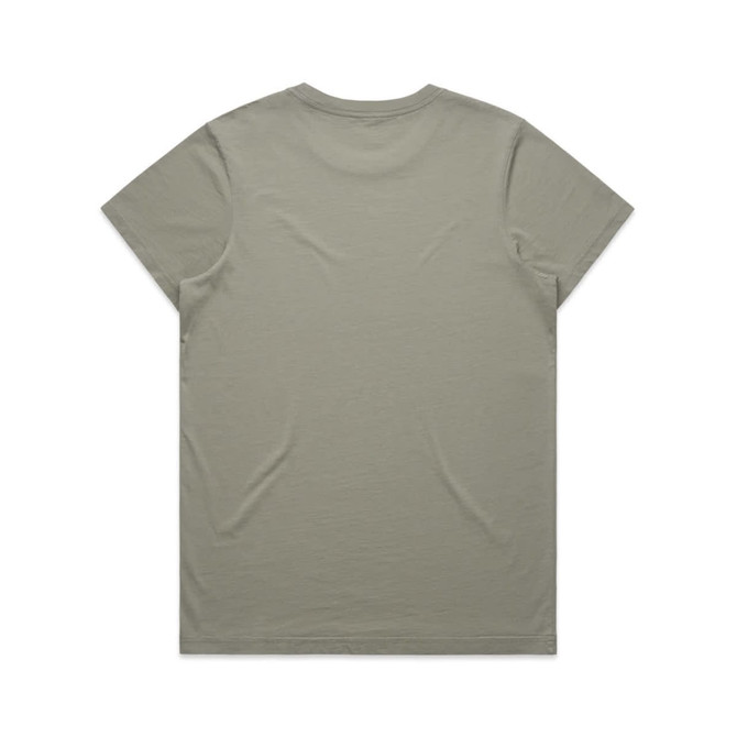A faded olive green T-shirt featuring a simple design and a logo. Back view shown.