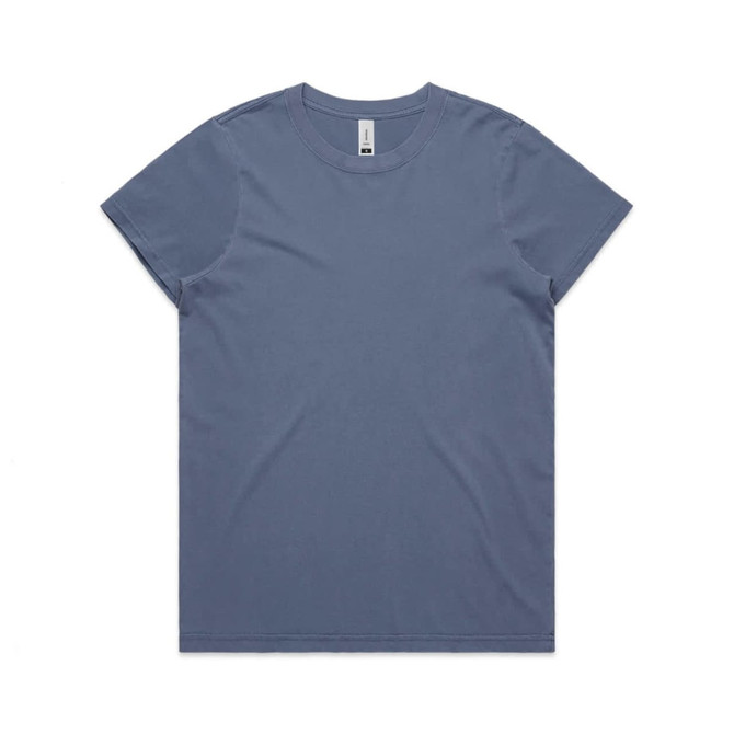 A faded blue T-shirt with a round neckline and short sleeves, featuring a logo label.
