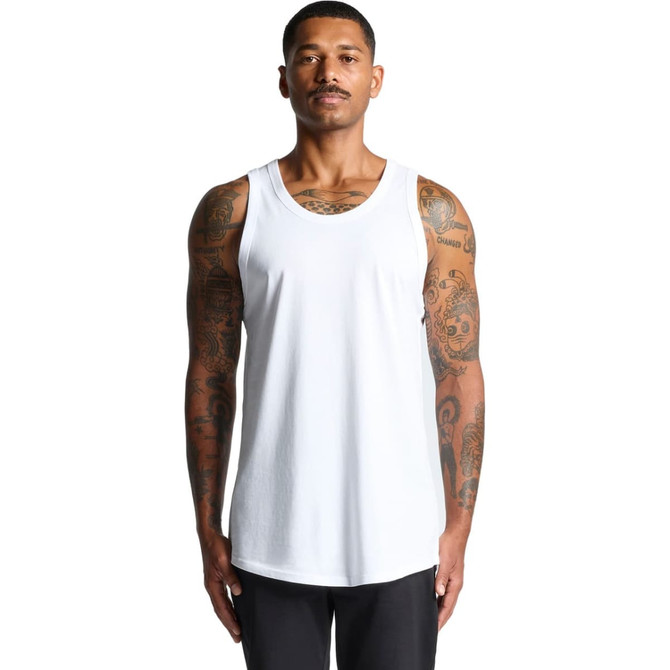 A white singlet with a regular fit, featuring a logo, modelled by a tattooed man.