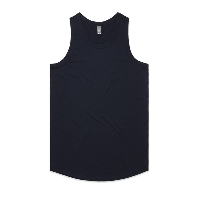 A navy blue singlet, featuring a rounded hem and no sleeves, with a logo on the neckline.