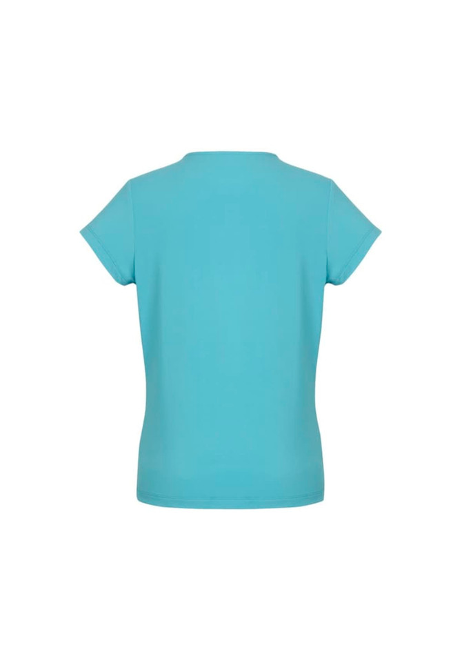 A light blue women's short sleeve top with a simple design and a logo on the back.