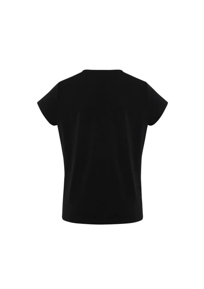 A black short sleeve top with a rounded neckline and a plain back. It features a logo on the label.