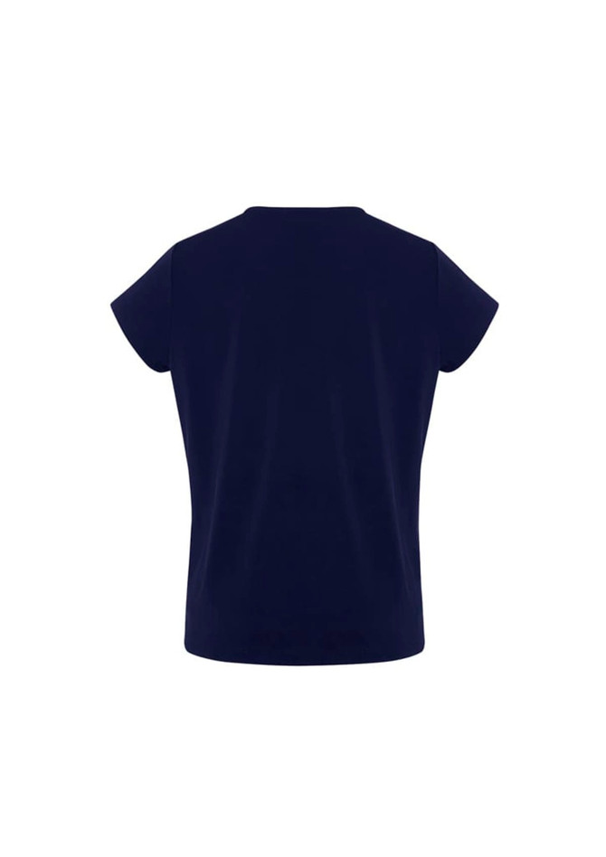 A navy women's short sleeve top featuring a simple design and cap sleeves, with a logo present.