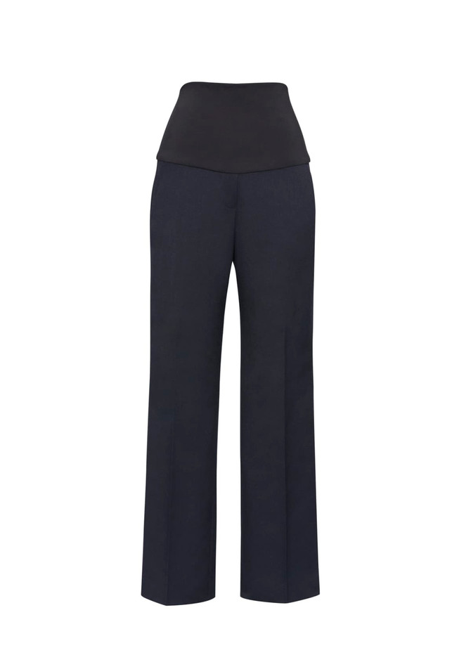 A pair of navy maternity pants with a black waistband and straight leg design. Features a discreet logo.
