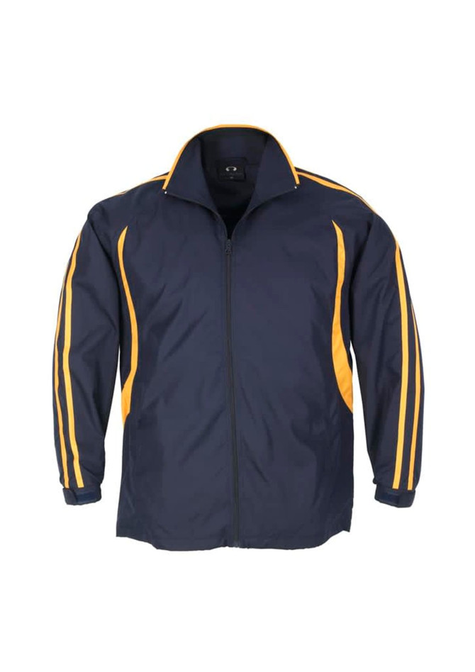 A navy unisex flash jacket featuring yellow stripes along the arms and a full zip closure.