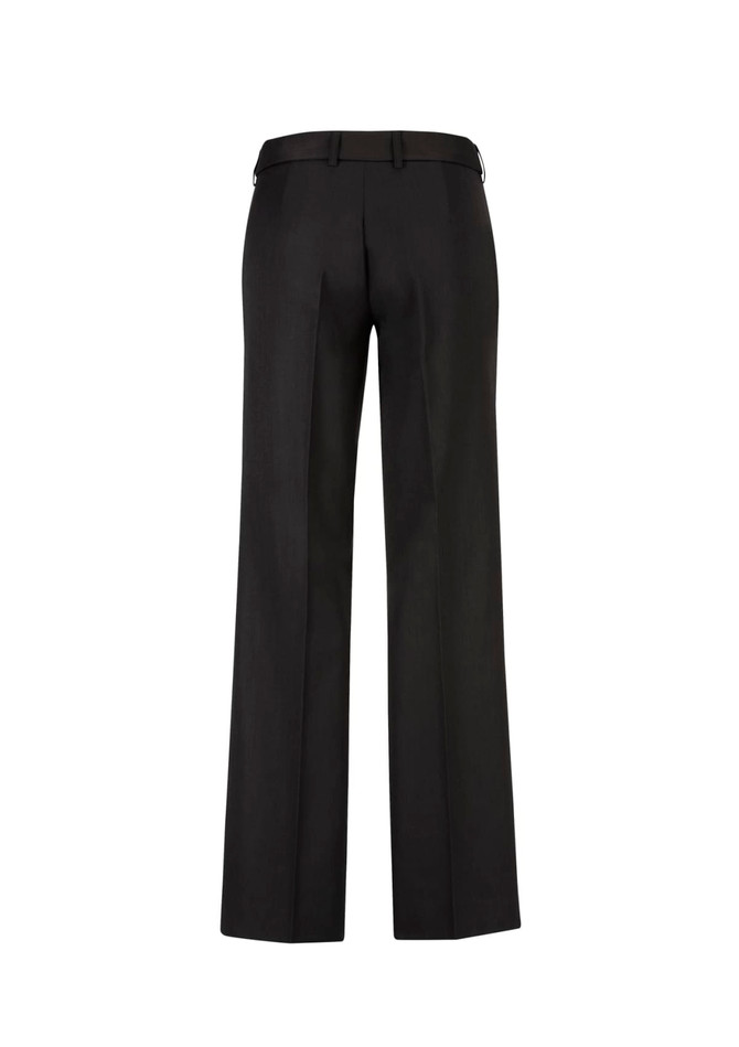 A pair of black women's slacks featuring an adjustable waist and a straight-leg design, with a logo on the waistband.