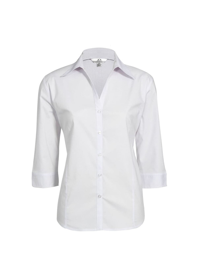 A white women's button-up shirt with 3/4 sleeves, featuring a collar and buttons down the front. It has a logo.