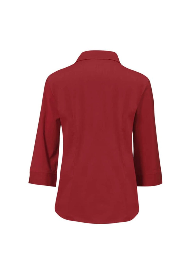 A red women's 3/4 sleeve button-up shirt with a collar, featuring a plain back design.