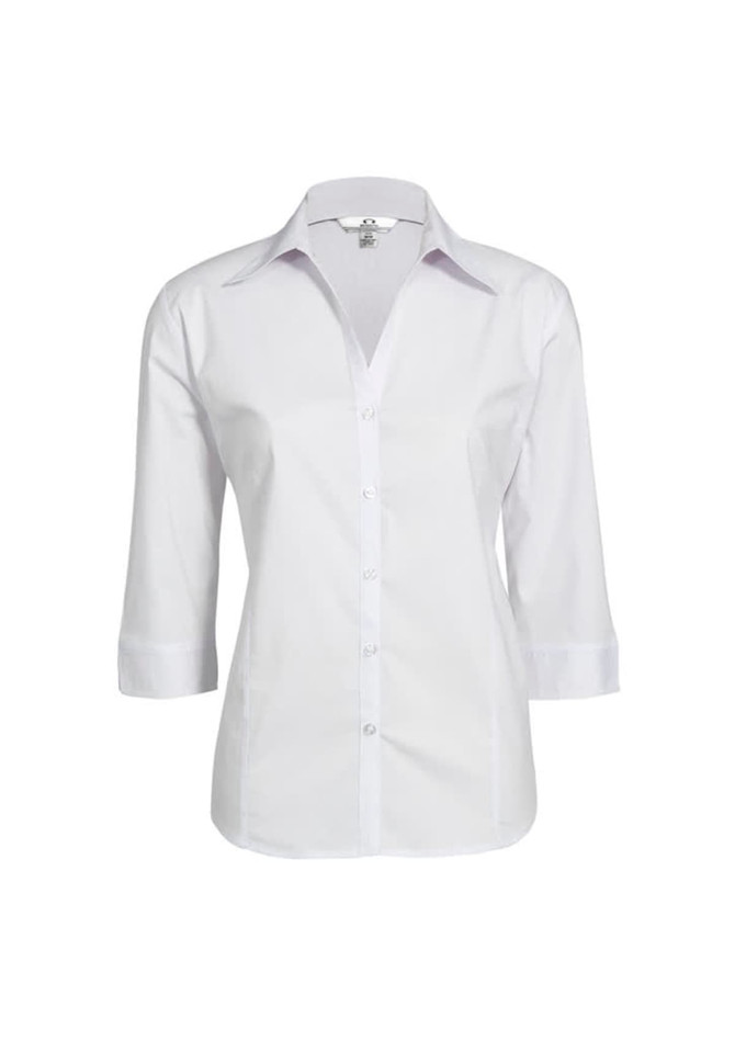 A white women's 3/4 sleeve button-up shirt with a collar and a branded label.