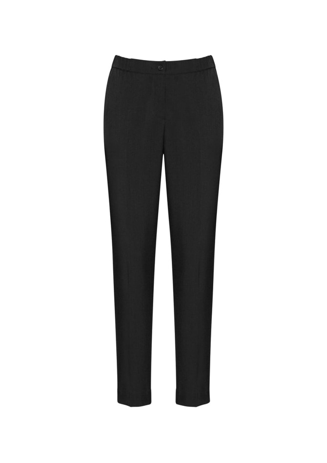 Black women's slacks with a comfortable waistband and tapered leg design. Features a logo on the waistband.