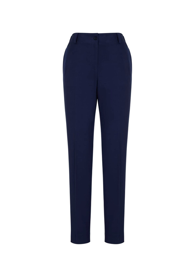 Navy women's slacks with a bandless elastic waist, featuring side pockets and a tailored fit. Includes a branding logo.