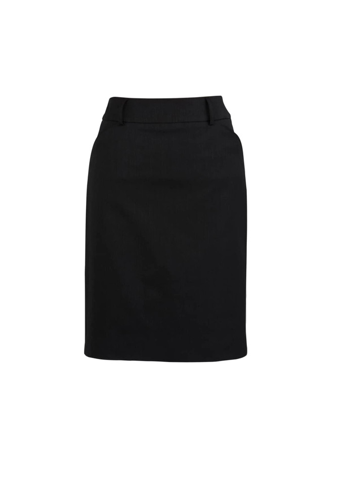 A black women's multi-pleat skirt with a fitted waist and sleek design, featuring a logo.