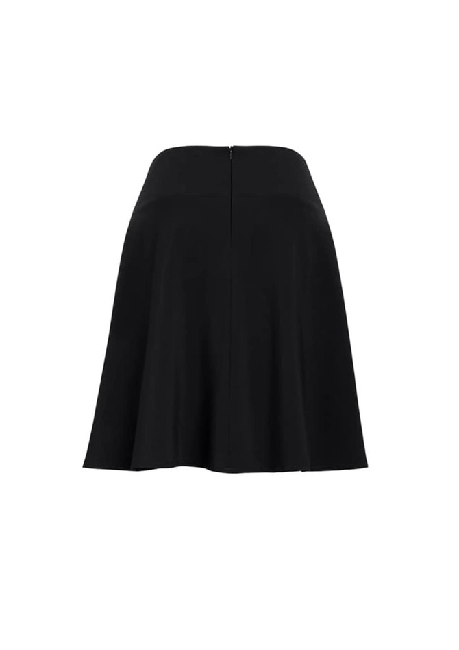 A black bandless flared skirt with a smooth silhouette and back zip closure.