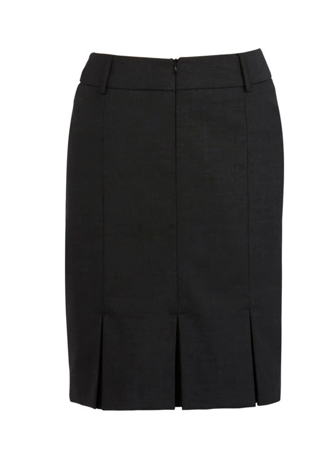 A black women's skirt featuring a multi-pleat design and a zipper closure at the back.