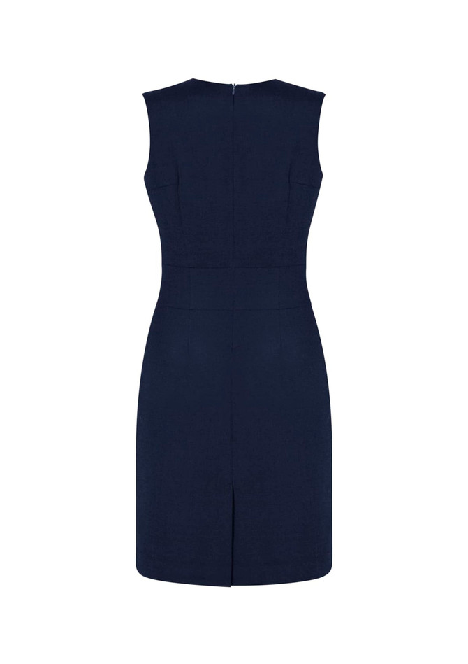 A navy sleeveless V-neck dress with a fitted silhouette and a back zipper, featuring a centre back vent.