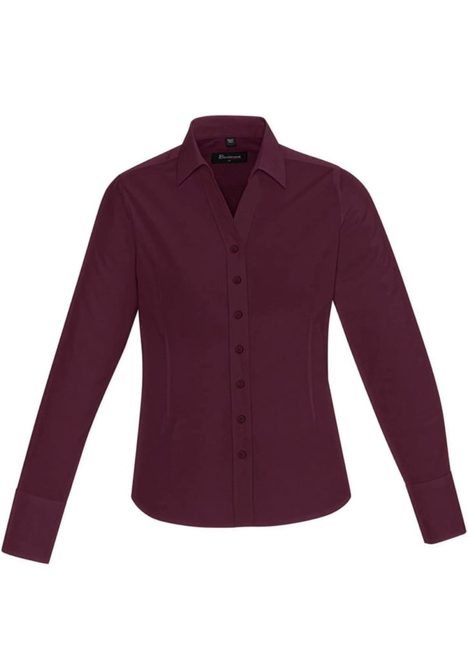 A burgundy women's long sleeve button-up shirt featuring a collar and a logo.