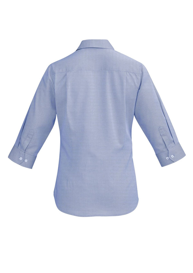 A light blue women's button-up shirt with 3/4 sleeves and a collar, featuring a logo on the back.