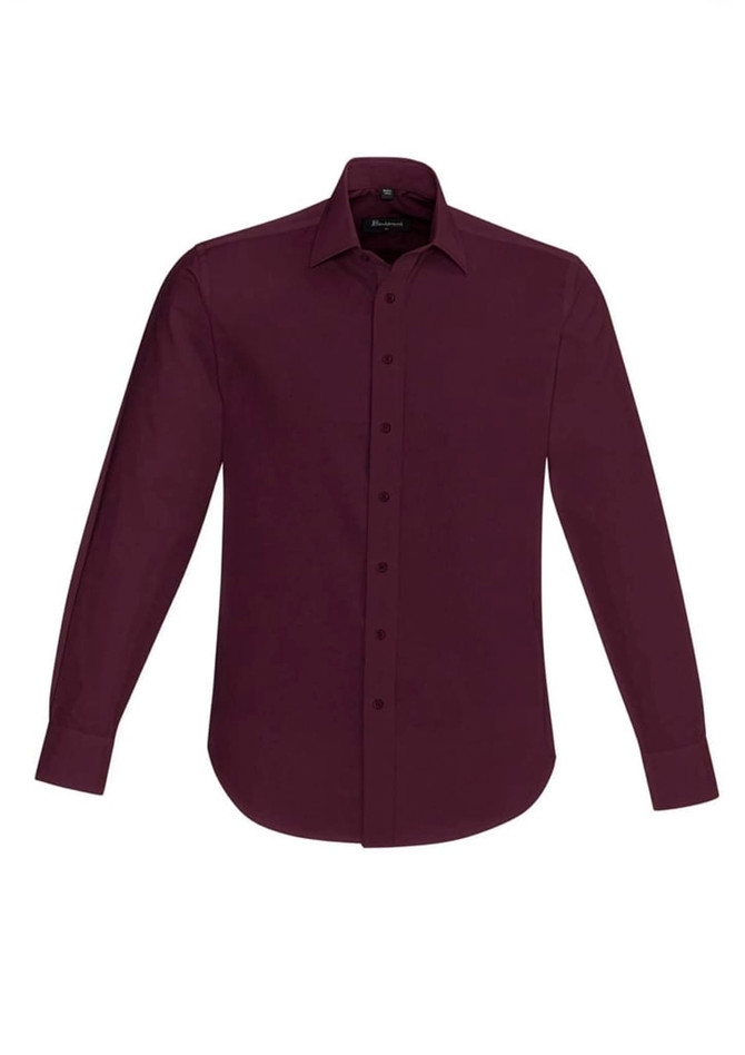 A burgundy long sleeve button-up shirt featuring a collar and a logo.