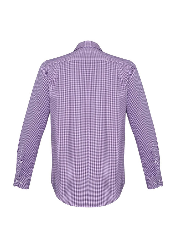 A long sleeve, button-up shirt in a purple checkered pattern. The back view features a subtle logo.
