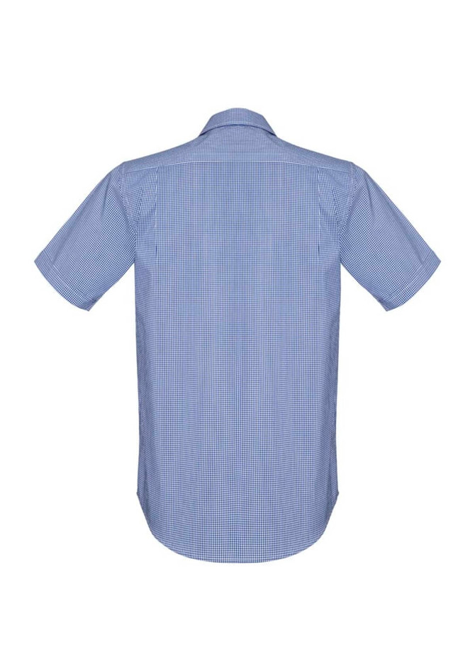 A short sleeve button-up shirt with a checkered pattern in blue and white, featuring a branded logo on the back.