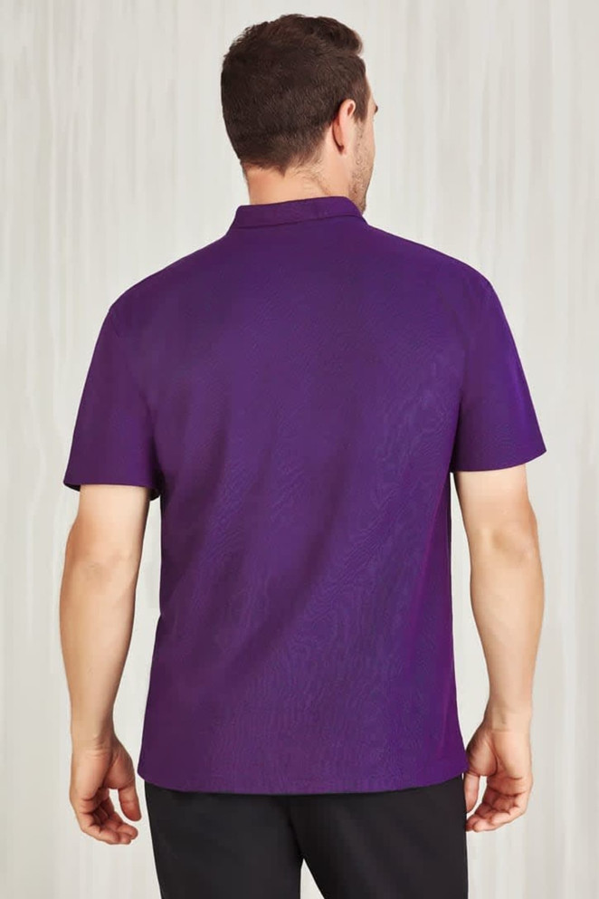 A purple polo shirt with a collar and short sleeves, featuring a logo on the back.