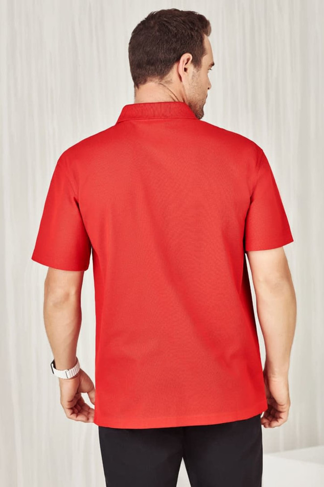 A red men's polo shirt featuring a collar and short sleeves, with a logo on the back.