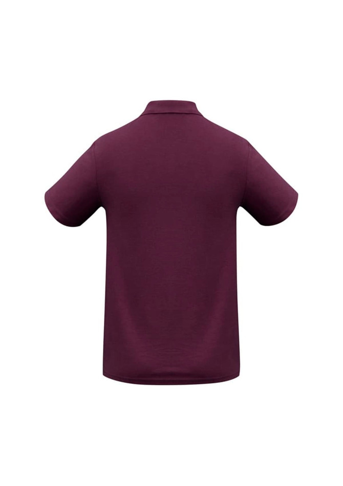 A men's polo shirt in a deep plum colour, featuring a classic collar and short sleeves, with a logo on it.
