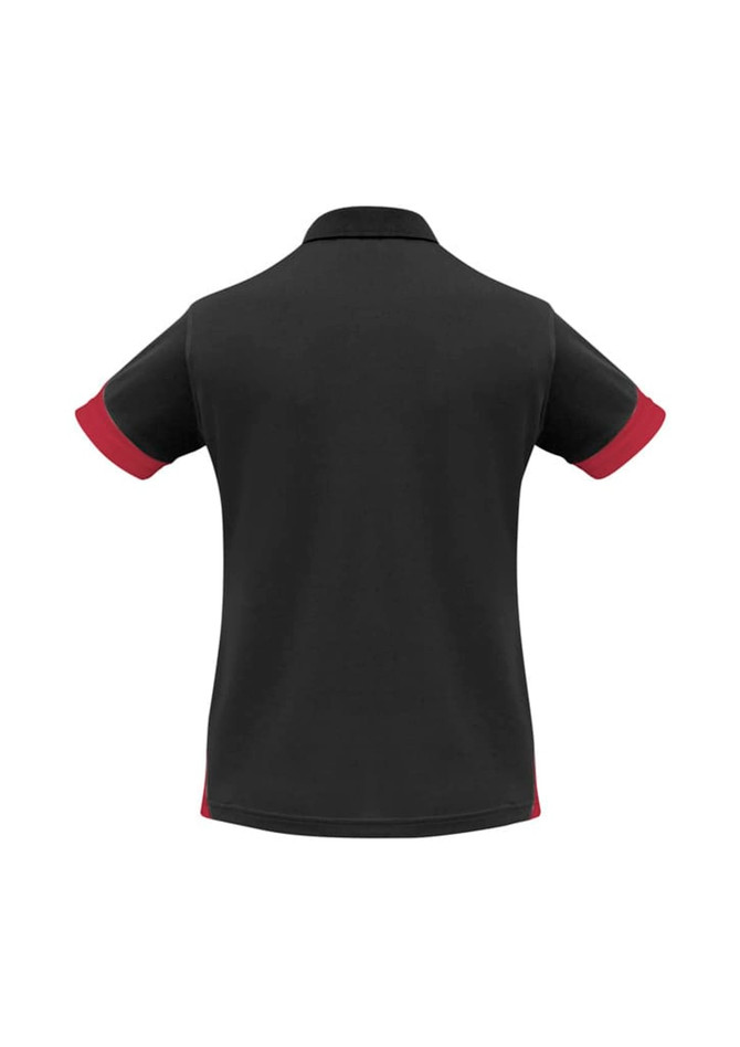 A black women's polo shirt with red accents on the sleeves, featuring a collar and a logo.