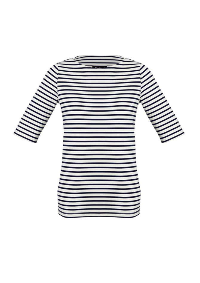 A women's short sleeve T-shirt in navy and white stripes, featuring a round neckline and an attached logo.