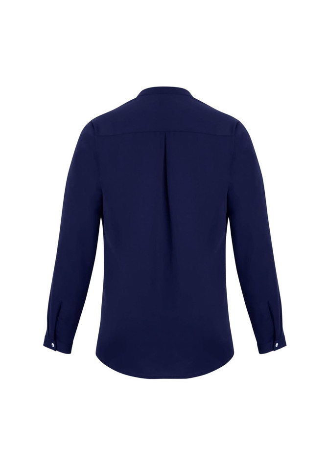 A navy blue women's long sleeve blouse with a button-up design and a back pleat.