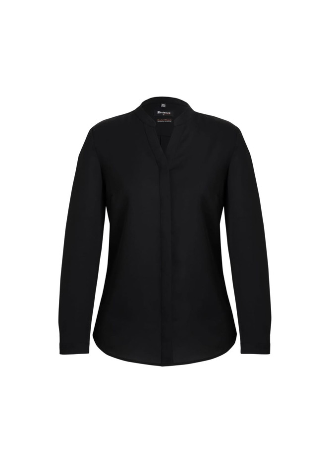 A black long sleeve blouse with a button-up front and a collar, featuring a logo on the neckline.