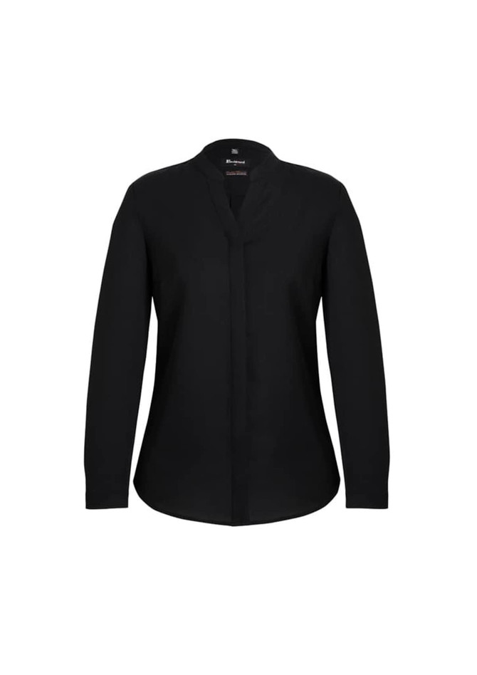 A black long sleeve blouse with a button-up design and collar. The shirt has a sleek, minimalist style.