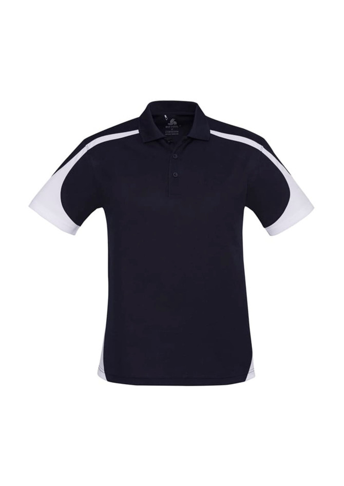 A short sleeve polo shirt featuring a navy body with white accents and a logo.