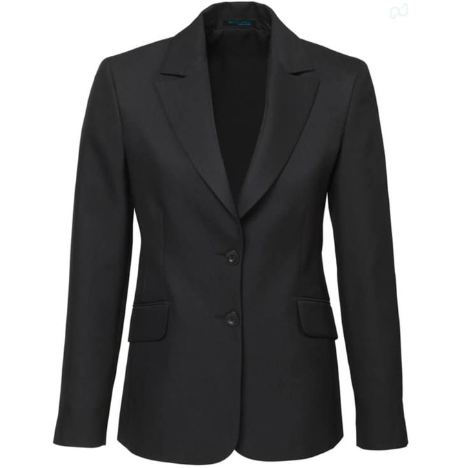 A black longline jacket featuring a tailored design, two front pockets, and a logo.