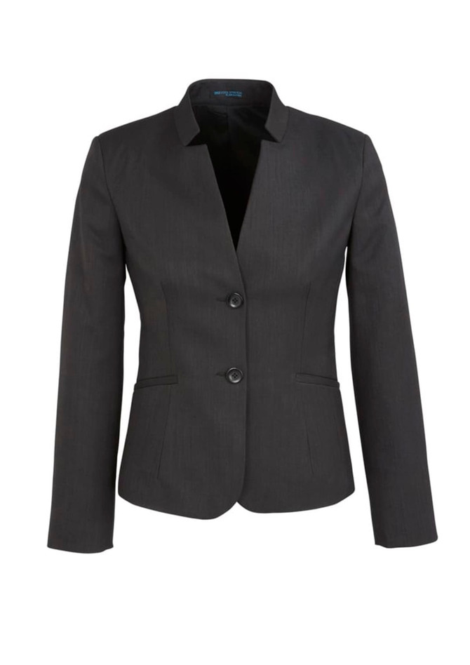 A black women's short jacket with a reverse lapel and two buttons, featuring a clean and structured design.