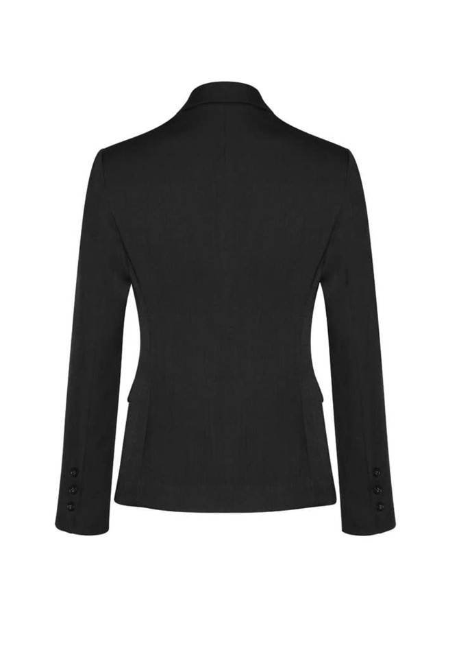 A black mid-length women's jacket with a two-button front and tailored fit, featuring a back view.