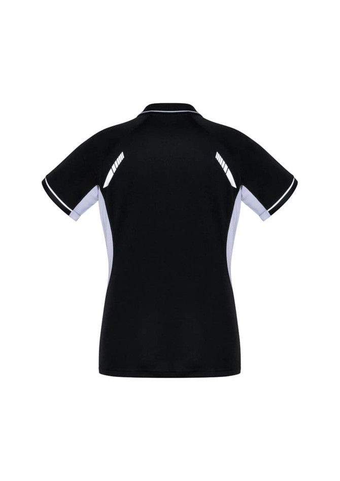 A black women's short sleeve polo with white and grey accents and a logo on the back.