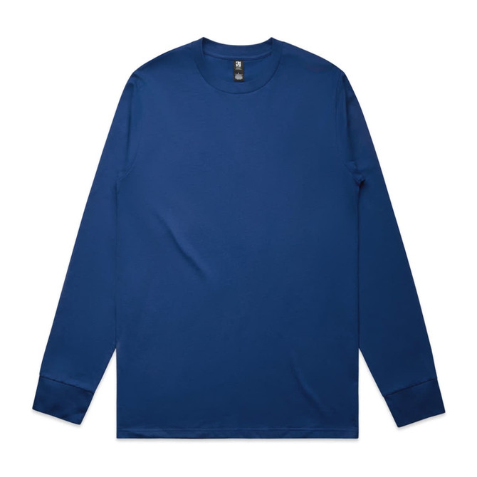 A long-sleeve tee in solid navy blue featuring a brand logo on the label.