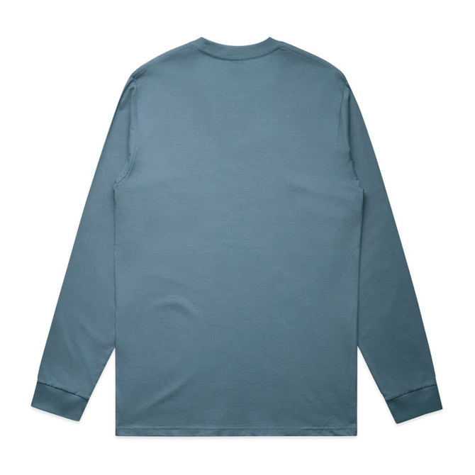 A long-sleeve t-shirt in a muted blue colour, featuring a plain back with no visible logos or designs.