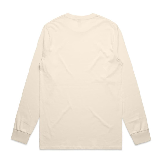A long-sleeve t-shirt in cream, featuring a simple design and a logo on the back.