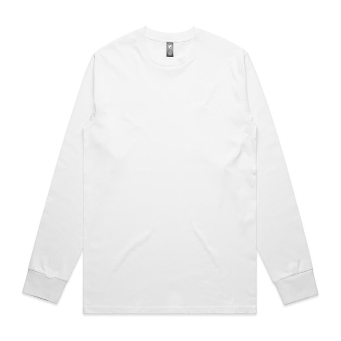 A classic long-sleeve white tee featuring a round neck and a logo at the neckline.